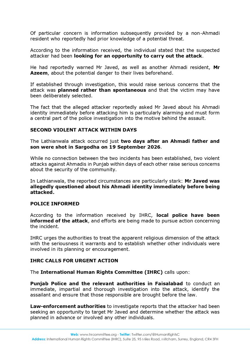 IHumanRightsC's tweet photo. 🚨 INCIDENT REPORT 

An Ahmadi Muslim was asked if he was a “Qadiani” before being attacked with a knife in Lathianwala, Punjab, Pakistan. 

A chilling reminder of the reality faced by Ahmadis living in Pakistan. 

IHRC demands urgent protection and justice for Ahmadi Muslims. https://t.co/YjjlmllFQS