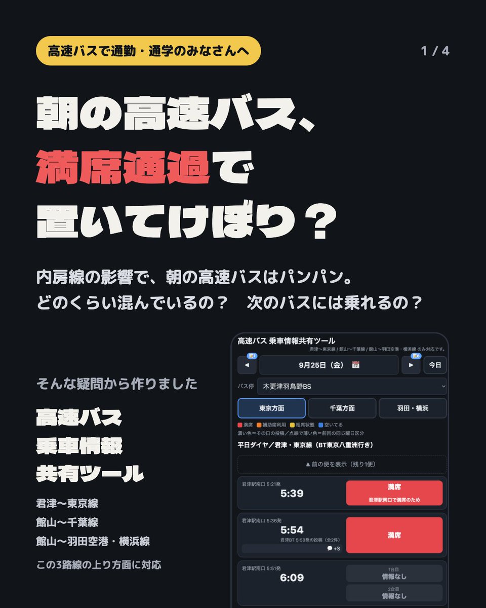 pasiri's tweet photo. 内房線の影響で、朝の高速バスがパンパン。

途中のバス停で満席通過、そんな不安を解消するため、乗れた！　乗れなかった！　をみんなでポチッと共有するツールを作りました。

見て助かる、送って助ける。

君津〜東京線／館山〜千葉線／館山〜羽田・横浜線の上りに対応 https://t.co/domzjfrMak