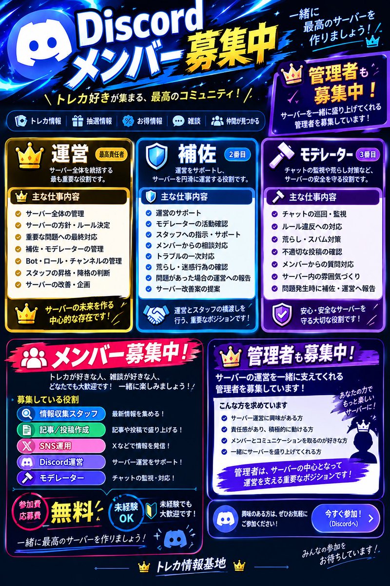 kagura_pokepoke's tweet photo. 🚨【メンバー＆管理者募集中】🚨

🔥トレカ情報基地🔥
ポケカ・トレカ情報、抽選情報、お得情報などを共有！

👥メンバー募集中
・記事／投稿作成
・Discord運営
・モデレーター

👑管理者も募集中！

👇参加はこちら
https://t.co/UHeMDXy5oO

#トレカ #ポケカ #Discord #メンバー募集 https://t.co/GSgoXTVBS8