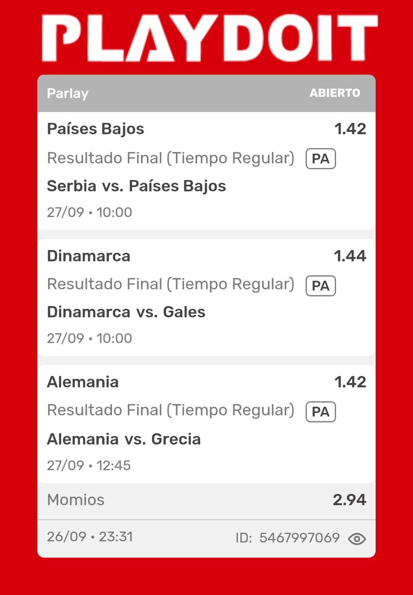 ArmaTipster's tweet photo. Amigos ya quedaron las primeras tres de hoy 👀👇

Los momios están súper supeeeeeer castigados me costó encontrarle mucho valor, ahora voy con estas y más tarde veré si sale algo más que me guste, realmente no apostare por meter

👉 Israel empate no acción vs Irlanda
Momio 1.92 — stake 3%

Se me antojaba Israel ML por el momio pero quería llevarlo con doble oportunidad, El problema es que paga bajísimo igual que el +0.5  así que me fui por empate no acción y si empatan nos devuelven lo apostado

👉 Austria gana + más de 1.5 goles en el partido contra Kosovo
Momio 1.88 — stake 5%

👉 Y nos vamos con un trilay de tres favoritos muy muy marcados
Países Bajos + Dinamarca + Alemania ganan
Momio 2.94 — stake 3% por todo el ticket

En total llevamos 11% de banca en estas tres 💪