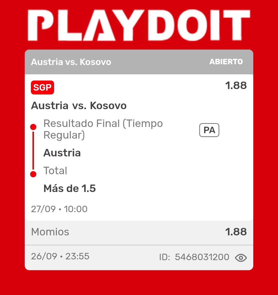 ArmaTipster's tweet photo. Amigos ya quedaron las primeras tres de hoy 👀👇

Los momios están súper supeeeeeer castigados me costó encontrarle mucho valor, ahora voy con estas y más tarde veré si sale algo más que me guste, realmente no apostare por meter

👉 Israel empate no acción vs Irlanda
Momio 1.92 — stake 3%

Se me antojaba Israel ML por el momio pero quería llevarlo con doble oportunidad, El problema es que paga bajísimo igual que el +0.5  así que me fui por empate no acción y si empatan nos devuelven lo apostado

👉 Austria gana + más de 1.5 goles en el partido contra Kosovo
Momio 1.88 — stake 5%

👉 Y nos vamos con un trilay de tres favoritos muy muy marcados
Países Bajos + Dinamarca + Alemania ganan
Momio 2.94 — stake 3% por todo el ticket

En total llevamos 11% de banca en estas tres 💪