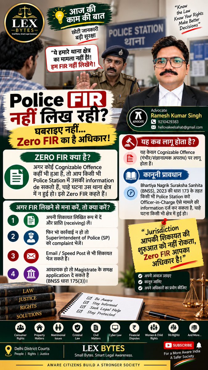 lexbyts's tweet photo. 🚨 Police FIR नहीं लिख रही? कह रही है—“ये हमारे थाना क्षेत्र का मामला नहीं है!” ⚖️
ऐसी स्थिति में Zero FIR का concept जानना जरूरी है।
अगर Offence Cognizable  है, तो केवल jurisdiction का आधार लेकर आपको वापस भेजना सही नहीं है।
#Shorts #LexBytes #ZeroFIR #FIR #PoliceComplaint https://t.co/AFSgi9liK0