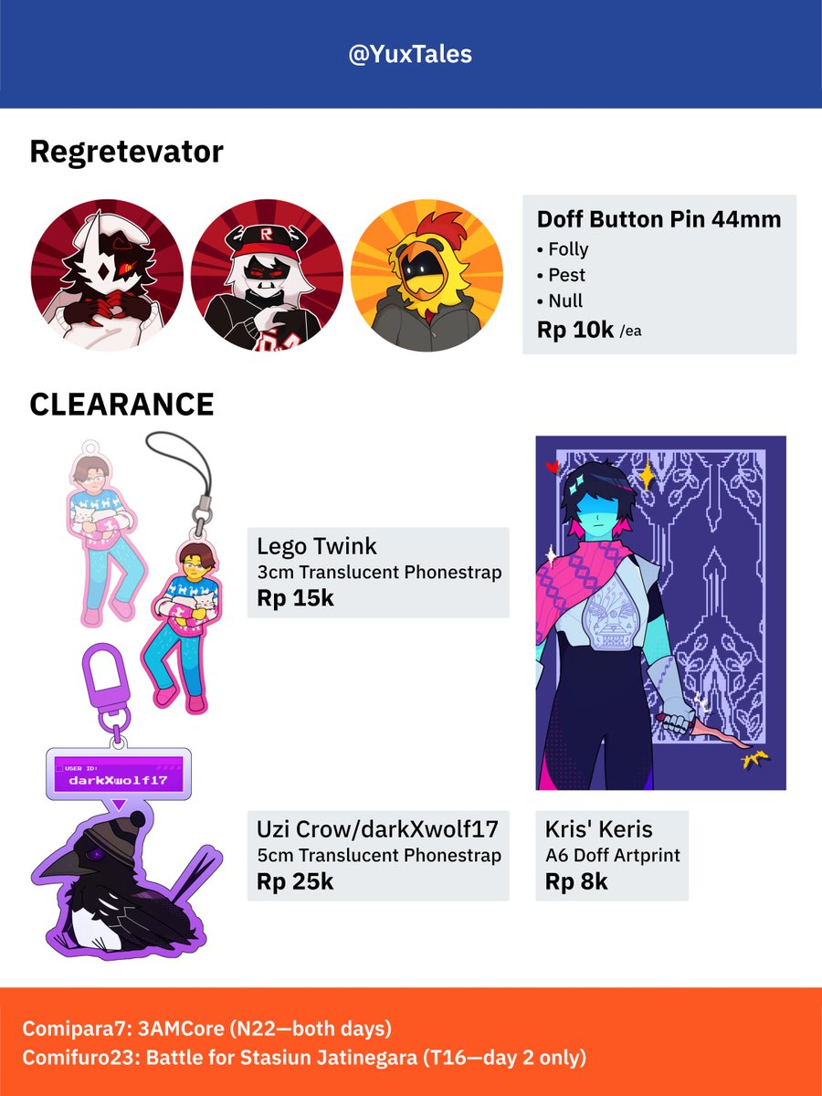 YuxTales's tweet photo. YuxTales' #Comipara7 &amp; #Comifuro23 Catalogue!

📍 Comipara 7 (N22—both days), Comifuro 23 (T16—SUN only)
🔗 PO in replies!

📦 Public Transport (Train, Bus, Gijinka), Original, Music Lyric (Eleanor Whisper, Secret Hideaway), Oneshot, Regretevator, Lego, Murder Drones, Deltarune https://t.co/qI3BKLpTxR
