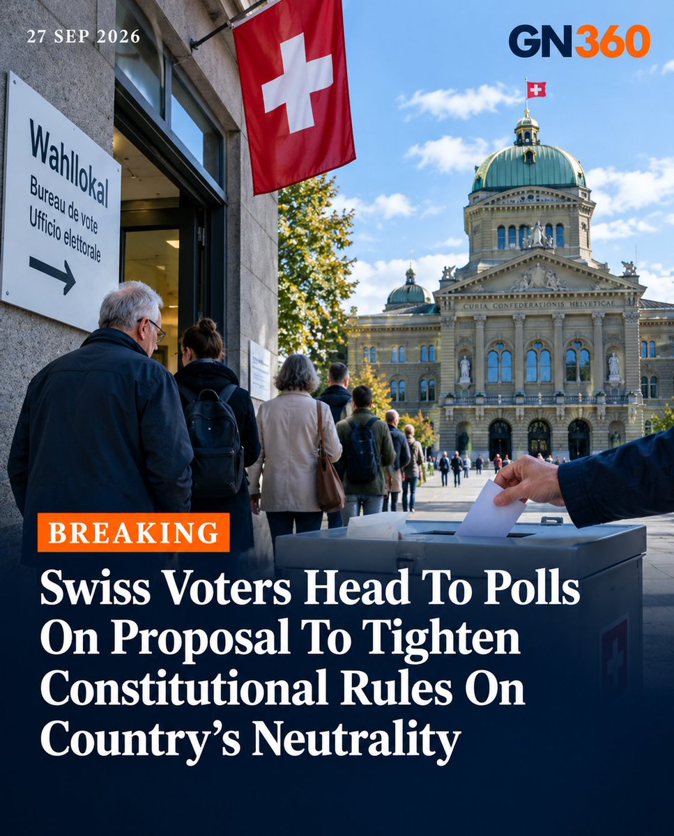 geopoliticsnow_'s tweet photo. BREAKING: Swiss Voters Head To Polls On Proposal To Tighten Neutrality Rules

Swiss voters are heading to the polls on September 27 to decide whether stricter rules on the country’s long standing neutrality should be written into the constitution. Switzerland’s neutrality has been constitutionally enshrined since 1848.

The initiative would define Switzerland’s neutrality as permanent and armed, restrict cooperation with military alliances such as NATO except in the event of an attack, and limit sanctions against countries involved in wars unless they are authorized by the United Nations.

The proposal follows Switzerland’s decision to adopt European Union sanctions against Russia after its invasion of Ukraine, which supporters of the initiative argue moved the country away from its traditional interpretation of neutrality. The Swiss government and parliament oppose the initiative.

Recent opinion polls indicated that a majority of surveyed voters opposed the proposed constitutional changes, although the final decision rests with voters and Switzerland’s system also requires a majority of cantons for constitutional amendments.

Explore more at : https://t.co/bDOofTAqi1

Stay Updated follow us on,

X: @geopoliticsnow_

Instagram: @geopoliticsnow360

#GN360 #Switzerland #SwissNeutrality #SwissReferendum #Neutrality #NATO #Russia #Ukraine #Europe #Geopolitics #BreakingNews