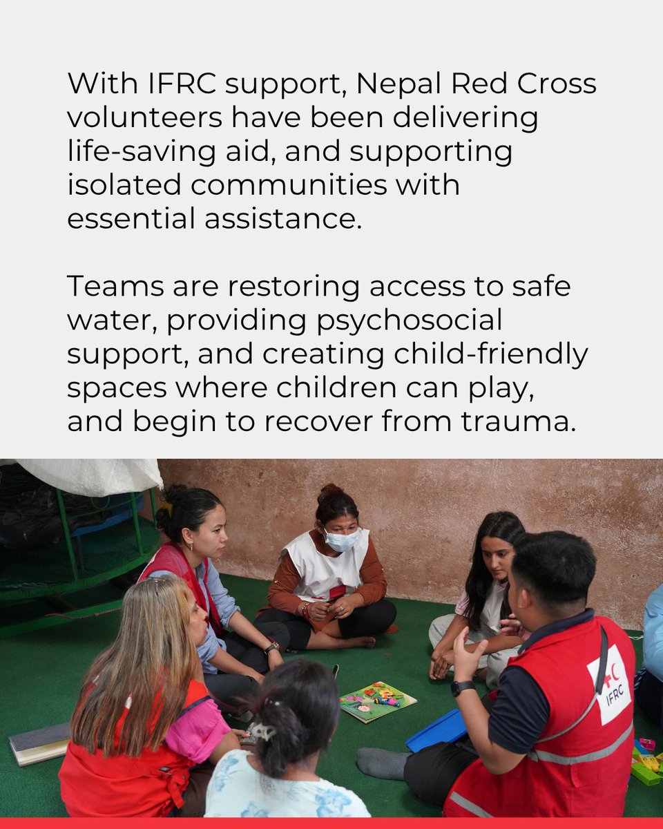ifrc's tweet photo. The floodwaters may have receded, but for thousands of people in Nepal, the crisis is far from over. 

Swipe through to see how @NepalRedCross teams, supported by the @IFRC network, are helping communities recover, rebuild and prepare for the future. 👉https://t.co/GhsBdcckQa https://t.co/Q0wM1dLzkm