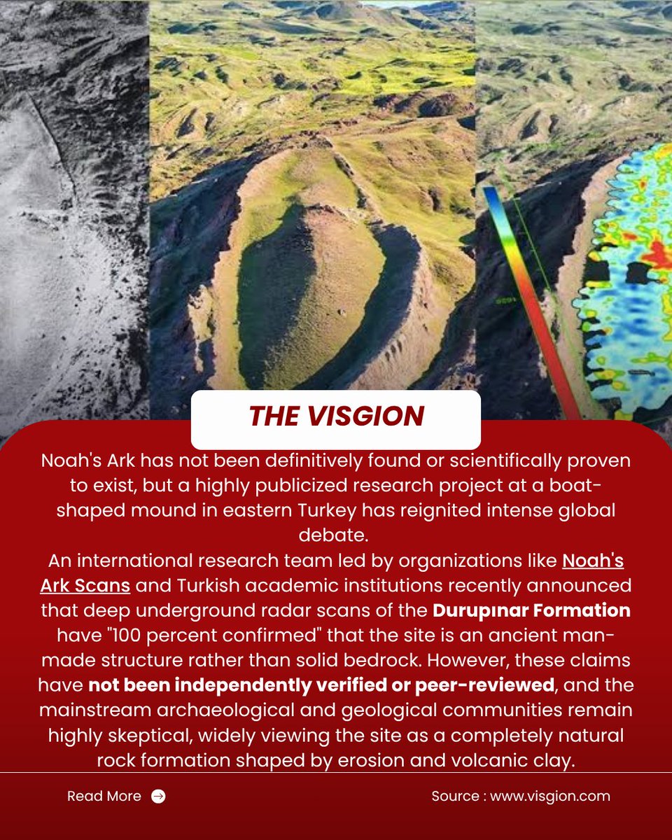 VisgionBreaking's tweet photo. Could Noah’s Ark have been found in Turkey?

A mysterious boat-shaped formation at Turkey’s Durupınar site has reignited debate after researchers reported underground radar scans showing what they describe as possible rooms and a tunnel beneath the structure.

#NoahsArk #Turkey https://t.co/DaJNetPJlq