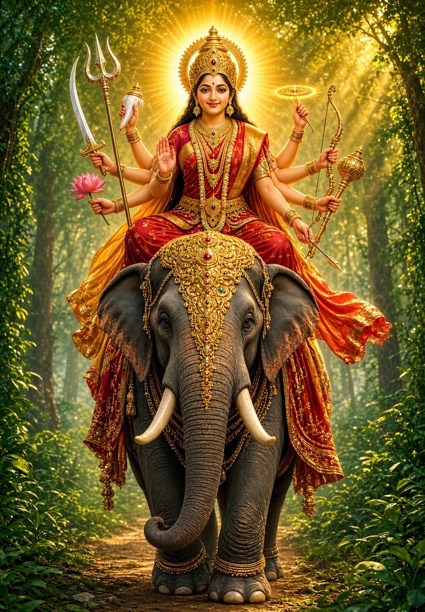 PankajjKashyapp's tweet photo. MAA IS COMING ON ELEPHANT
🐘 शशि सूर्ये गजारूढा। 🐘
Shardiya Navratri begins on 11th October 2026, Sunday, with Pratipada Tithi ruled by Surya. The day is also Sunday, ruled by Surya, while Chitra Nakshatra is ruled by Mangal. This Sharadiya Navratri, Maa Durga is arriving on *Gaja Vahana* the Elephant! 
Jagadamba’s arrival on an elephant signifies good rainfall, agricultural prosperity and Sukh-Samriddhi.

*गजे च जलदा देवी।*
The arrival of Maa on Gaja is traditionally associated with favourable rains, abundance in crops and prosperity for all. May Maa Adi Shakti bless the world with peace, abundance and well-being.

*बुधशुक्रदिने यदि सा विजया गजवाहनगा शुभवृष्टिकरा॥*
On Vijayadashami, Maa Durga will depart on the same Vahana, Gaja (Elephant), traditionally associated with auspicious rainfall, prosperity and abundance.
Thus, this year, Maa Durga’s arrival and departure will both be on Gaja (Elephant), a combination traditionally considered auspicious and associated with peace, prosperity and abundance for the country.
*जय माता दी!*🙏🚩
#Navratri #Shardiyanavratri