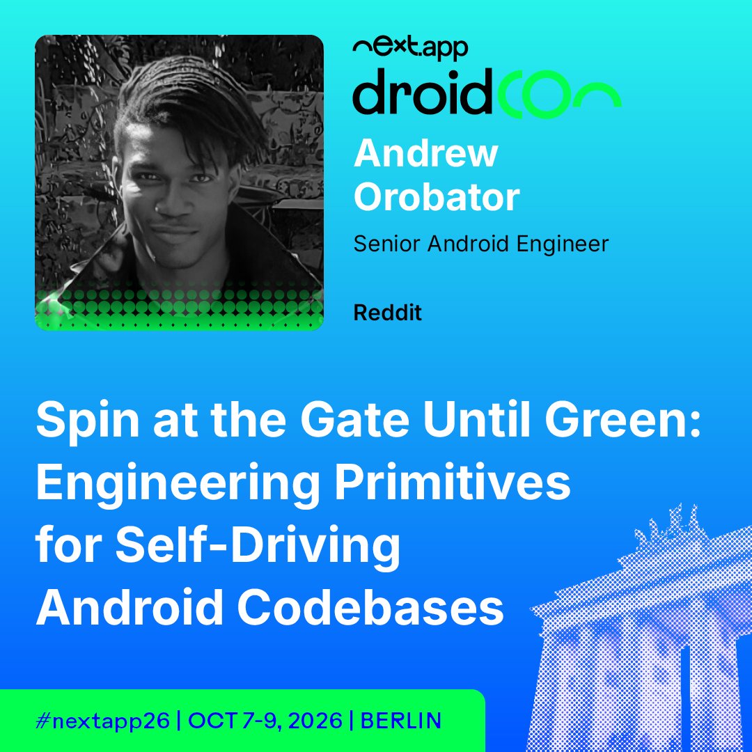 droidcon's tweet photo. Green CI should mean ready to ship — not just compiled. 🚦

@AOrobator shares engineering primitives for self-driving Android codebases at droidCon Berlin.

Learn more: https://t.co/xlE93mmTqH

#nextapp26 #AndroidDev https://t.co/yeuwZPBwOU