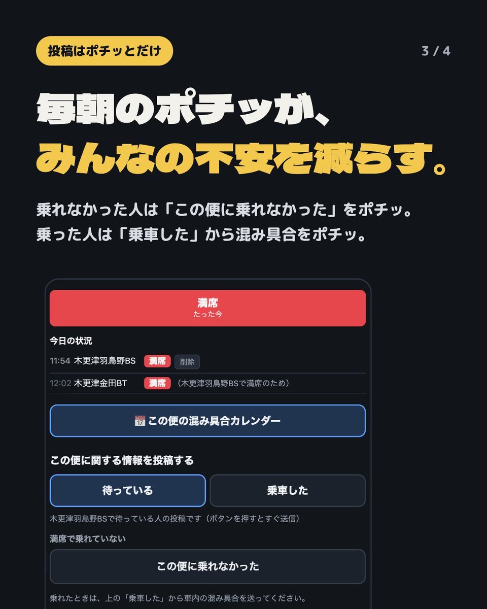 pasiri's tweet photo. 使い方はかんたん👇
https://t.co/ar55FLE1h7

待ってて乗れなかった → ポチッ
乗れた → 車内の混み具合をポチッ

それだけで、先のバス停で待つ誰かが助かる。
最初は投稿が少ないので、あなたのポチッが頼りです🙏

#内房線 #高速バス https://t.co/3XGiTy783M