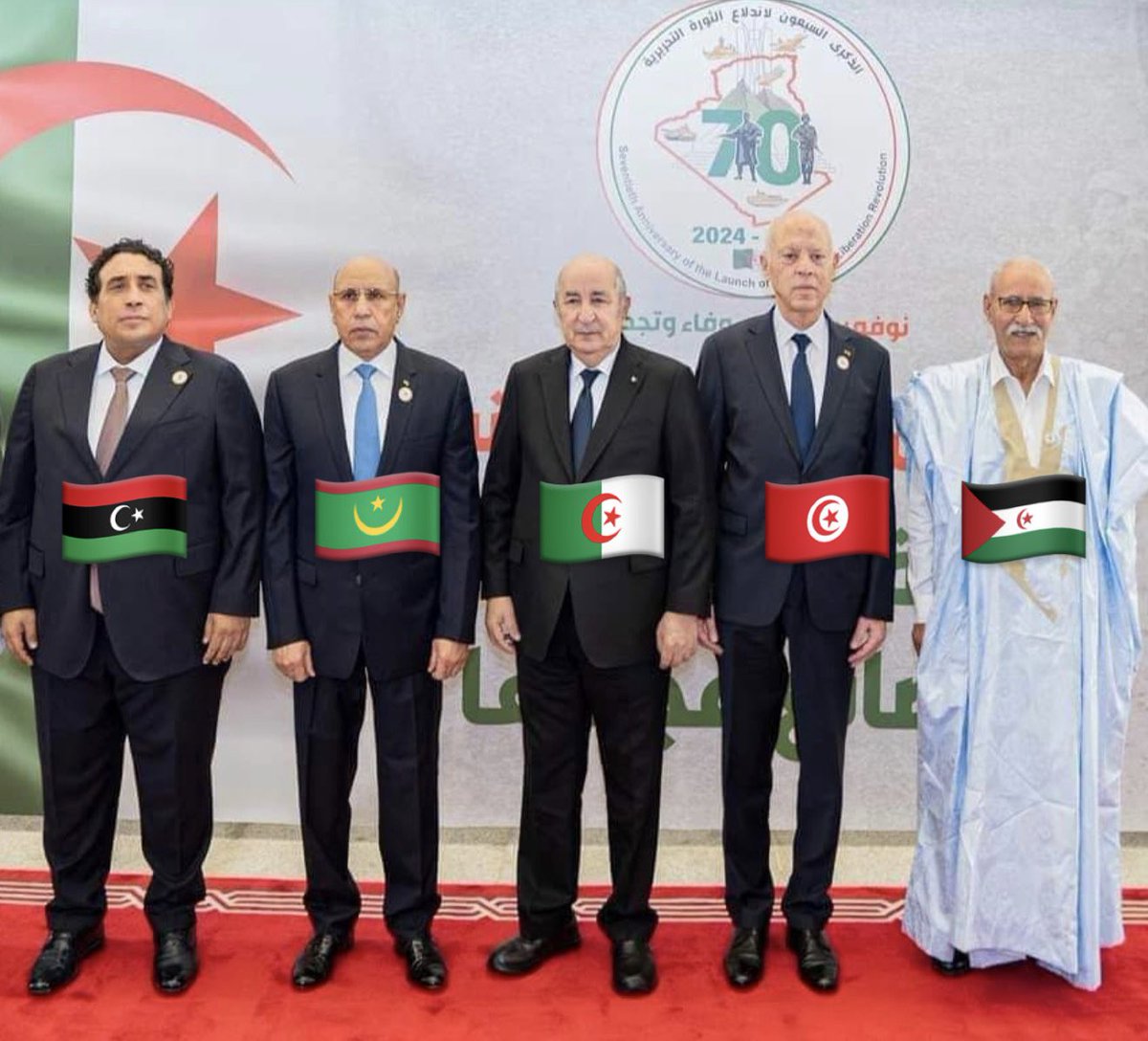 TalebSahara's tweet photo. No hay nada que moleste más en Marruecos que esta imagen. La alianza de los países del norte de África con la presencia de la República Saharaui.

En la foto, los presidentes de Libia, Mauritania, Argelia, Túnez y Sáhara Occidental. https://t.co/Pb63PKUDe1