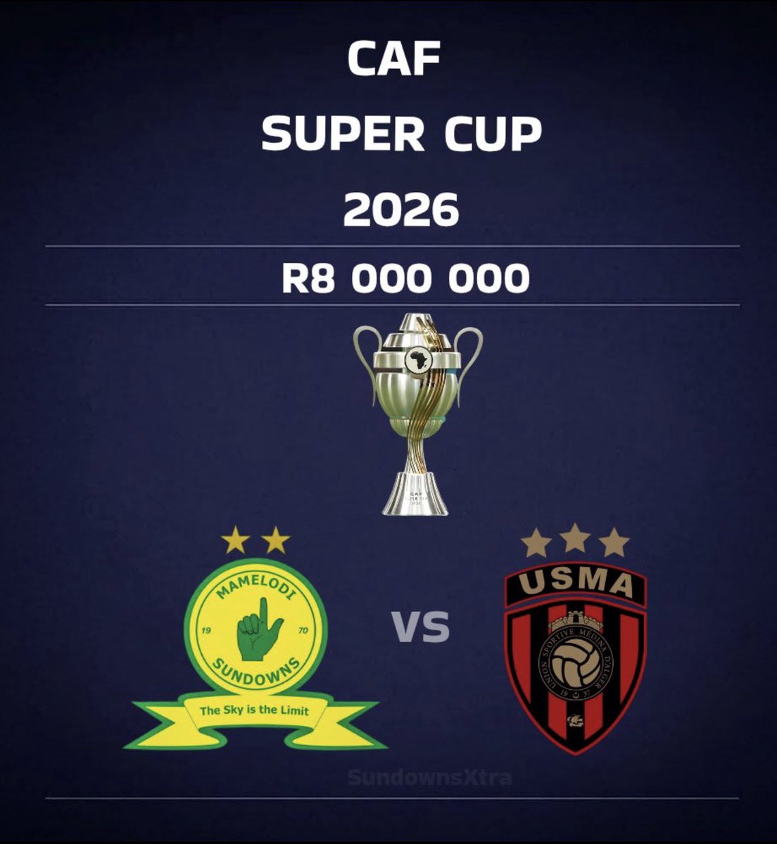 SundownsXtra_'s tweet photo. 🚨 𝐂𝐎𝐍𝐅𝐈𝐑𝐌𝐄𝐃: Our next big game will see us host CAF Confederations Cup winners USM Alger at the Slaughterhouse. The winner walks away with the Super Cup trophy🏆

🆚| USM Alger
🏆| CAF Super Cup
🏟| Loftus Versfeld Stadium
📅| 8 November 2026
⏰| 15:00
📺| Supersport TV https://t.co/ZEaesGkQDZ