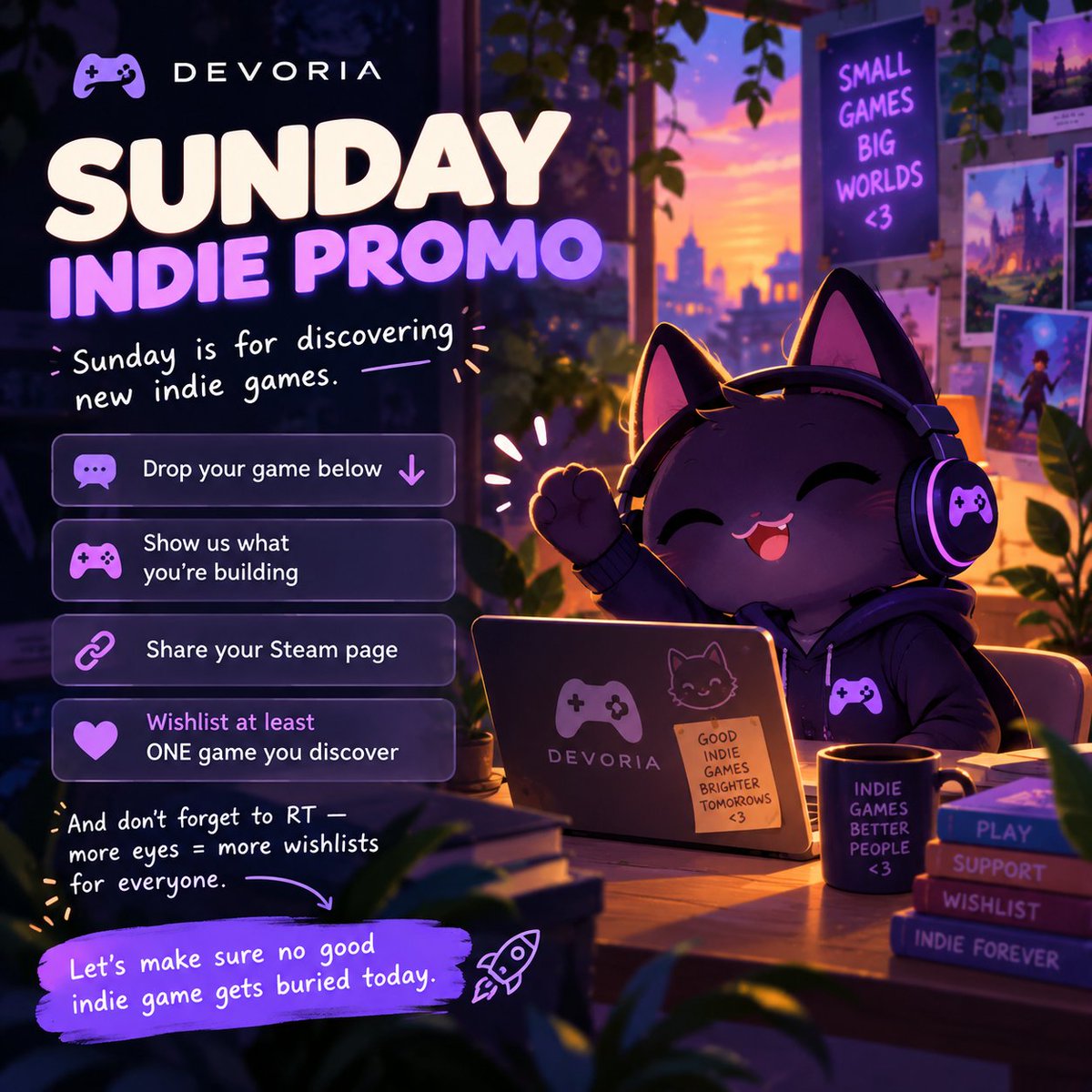 devoriahub's tweet photo. SUNDAY INDIE PROMO 🎮💜
Sunday is for discovering new indie games.
Drop your game below 👇
🎮 Show us what you're building
🔗 Share your Steam page
💜 Wishlist at least ONE game you discover
And don’t forget to RT — more eyes = more wishlists for everyone.
Let’s make sure no good indie game gets buried today. 🚀