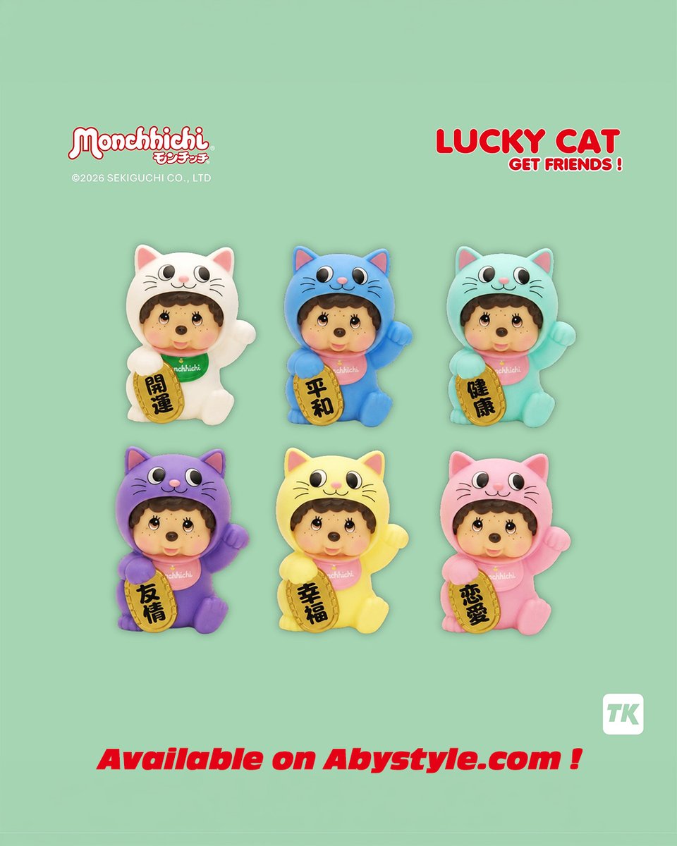 _ABYstyle's tweet photo. Feeling lucky? 🍀🐱

Meet the Monchhichi Lucky Cat Blind Box: 1 mystery figure + collector card, with 6 characters to collect and 1 rare surprise!

#ABYstyle #TheFanExperience #Monchhichi #LuckyCat

➡️ AVAILABLE IN OUR ABYSTYLE FULL STUFF SHOPS AND https://t.co/bBKDysnxFK https://t.co/P8NfrZtyoV