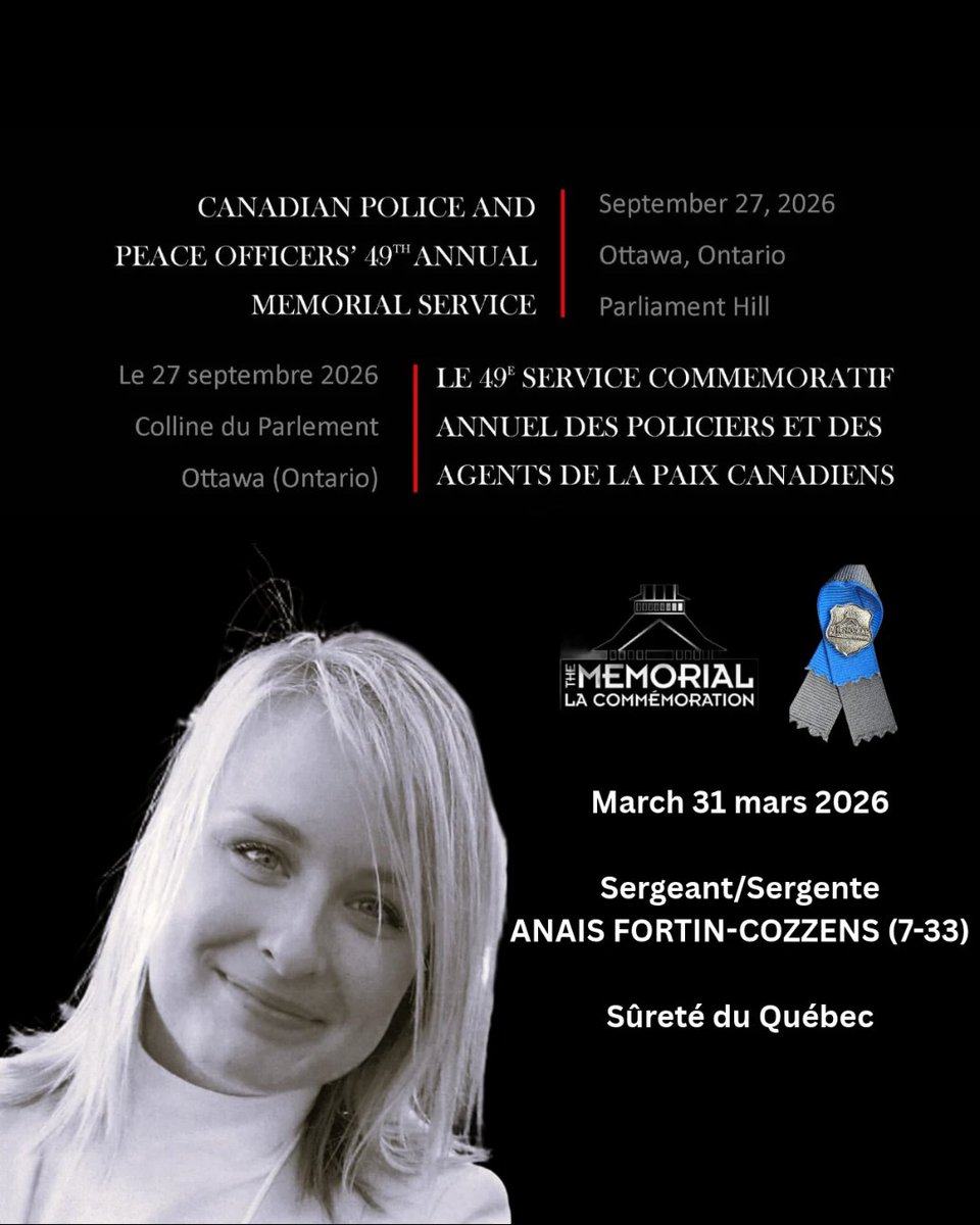 CPPOM's tweet photo. March 31 mars 2026
Sergeant/Sergente
ANAIS FORTIN-COZZENS (7-33)
Sûreté du Québec

#HeroesInLife 
#HerosEnVie https://t.co/OHkAO5IXYr