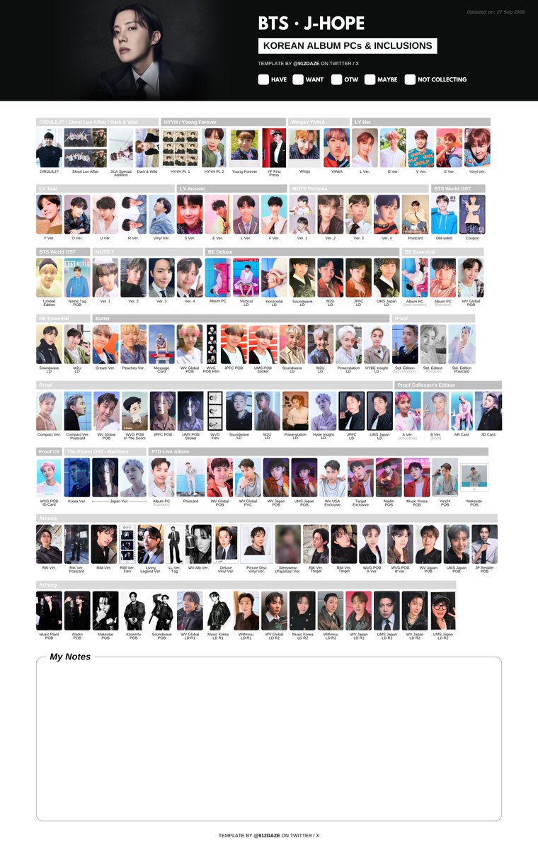 912daze's tweet photo. BTS KOREAN ALBUM PHOTOCARDS PC PHOTOCARD WISHLIST TEMPLATES ✨

⭐️ Korean Comeback PCs & Inclusions Template (By Member)

[UPDATED]
+ Arirang Round 2 Japan LDs
+ Arirang Picture Disc Vinyl & Sleepwear Ver. Previews

🤍 방탄 포카 모음집 드볼표
🤍 防彈少年團 小卡 合集
🤍 バンタン トレカ 一覧表