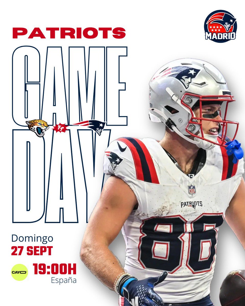 PatriotsMadrid's tweet photo. ¡HOY JUEGAN NUESTROS NEW ENGLAND PATRIOTS!

CAYO  TV lo retransmite en abierto. Con @yankeealvaro @Rubenibg y @kapo013 

Si no te apetece quedarte sentado en el sofá, únete a nuestra watch party para ver el evento en directo con nosotros.

#NEvsJAX #Nepats https://t.co/oPxSBgP4SD