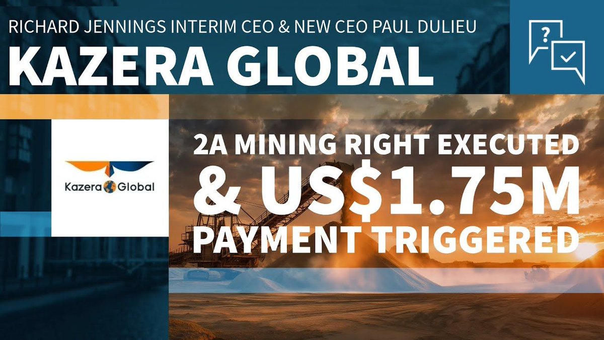 StockBoxMedia's tweet photo. 🎙️Interview Recap - Kazera Global: 2A Mining Right Executed & US$1.75m Payment Triggered

@StockBoxMedia spoke with @KazeraGlobalInv Interim CEO Richard Jennings and incoming CEO Paul Dulieu following the formal execution of the Mining Right over Sea Concession 2A in South Africa’s Northern Cape.

Listen here: https://t.co/g42WbXb6jN