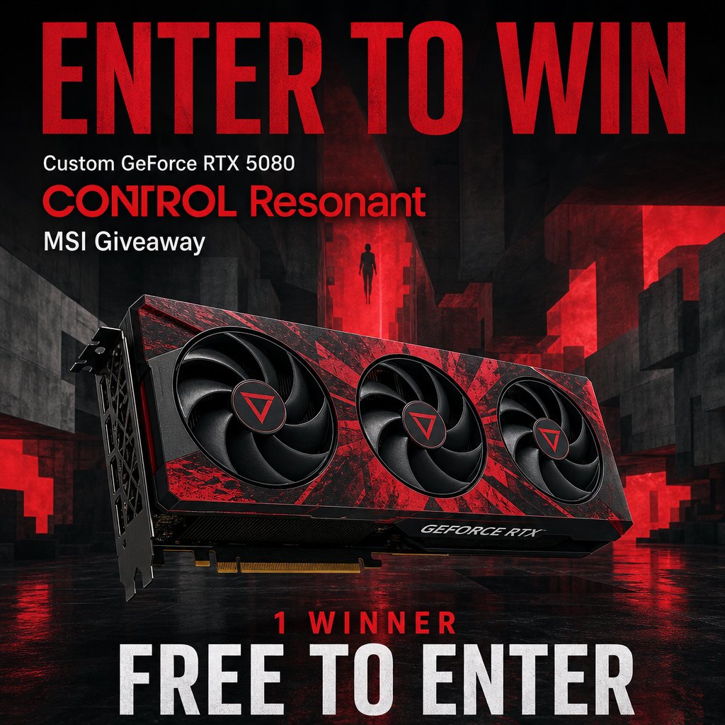 SweepsAdvantage's tweet photo. Take CONTROL of your next upgrade! 🎮 MSI’s giveaway awards 1 winner a custom GeForce RTX 5080 with CONTROL Resonant-themed artwork! Comment 🎮 if you love PC gaming. Free to enter! Click for details &amp; to enter:
https://t.co/KEFGeodvMp https://t.co/wsTt1nfncG