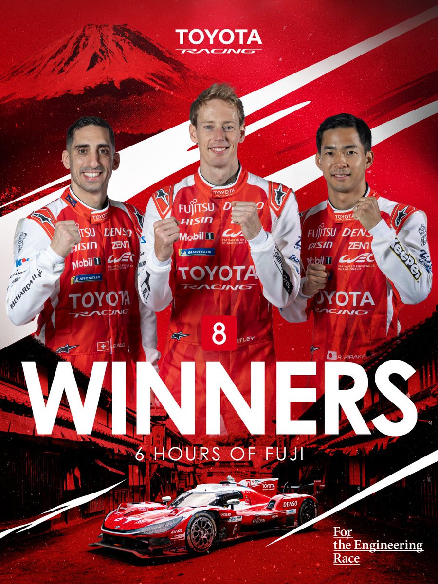 ToyotaRacing_JP's tweet photo. ＼＼＼WEC富士 𝐖𝐈𝐍𝐍𝐄𝐑🏆️ ／／／

　　 TOYOTA RACING 8号車
　　 ホームレース富士で優勝✨️

#TOYOTARACING #TR010HYBRID #WECjp https://t.co/a2EwUplYs3