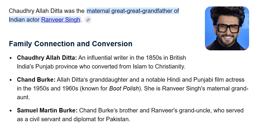 BheriaMS's tweet photo. Ranveer Singh has a Punjabi Mussalman ancestor who later converted to Christianity (so not one but two "Abrahamism's" in the genealogy.)

Isn't that impure mleccha blood for a Hindu nationalist ? https://t.co/jjFHcdmAy2