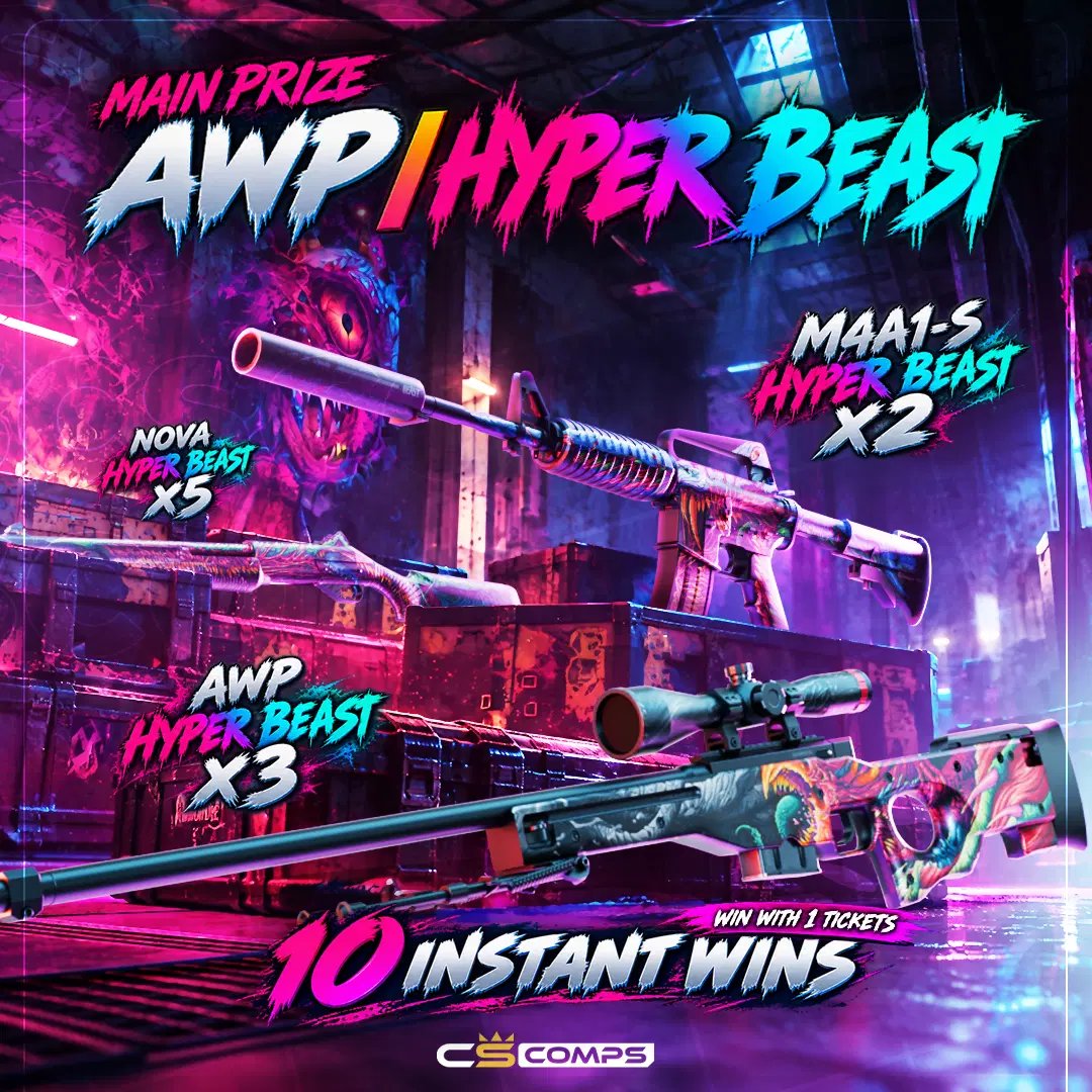 CS_COMPS's tweet photo. 🚨 MASSIVE HYPERBEAST COMP LIVE ON CSCOMPS!

One ticket could win you a Hyperbeast 🤞

To celebrate, we're giving $100 to one random player!

To enter:
🔁 Retweet this post!
👑Tag a Friend!
📸 Reply with proof of entering any current comp on https://t.co/lIMhJl8tVo 

Ends in 14 days!