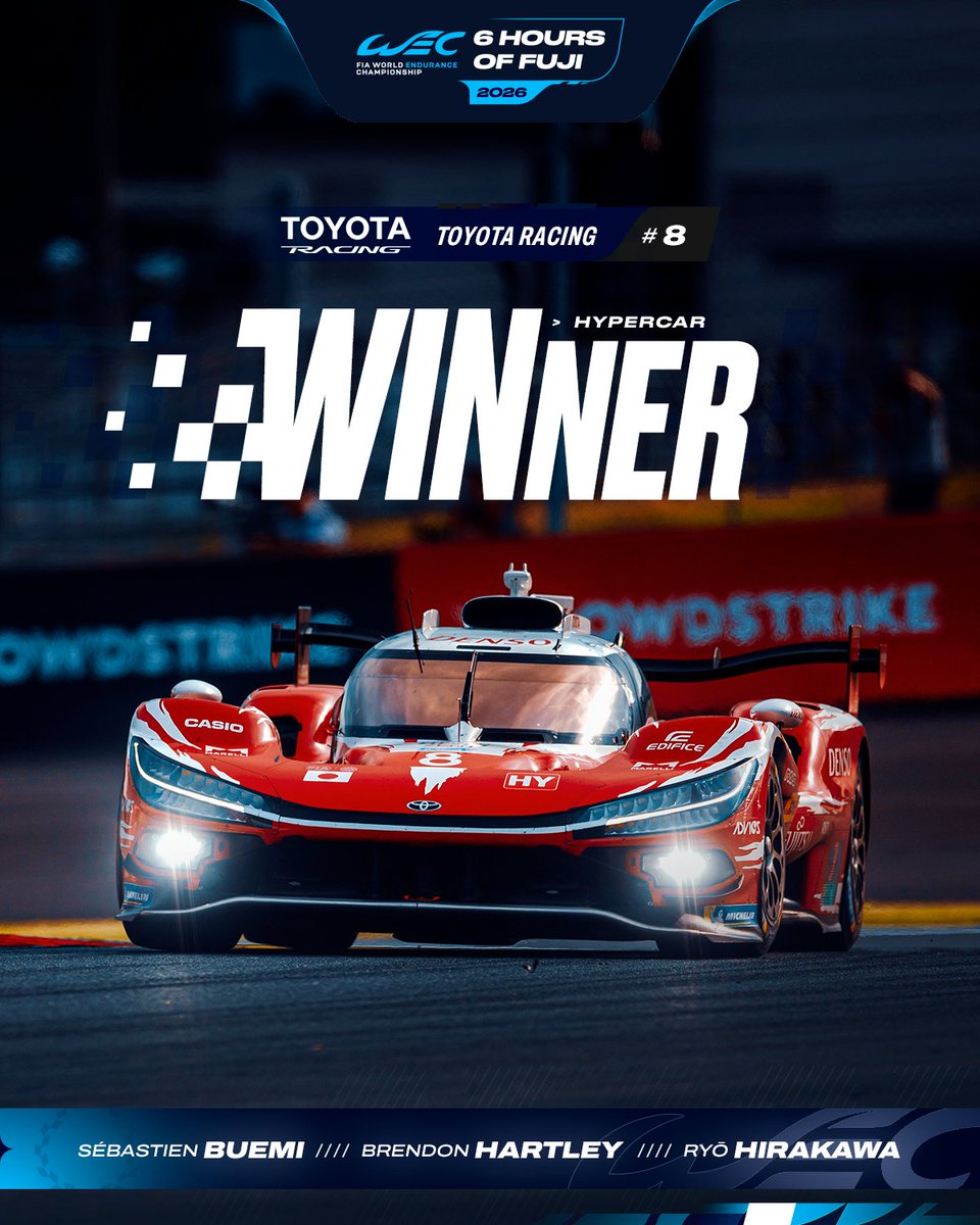 FIAWEC's tweet photo. TOYOTA WIN THE 6 HOURS OF FUJI! 🇯🇵

Six hours of battles, strategy and drama, and #8 @ToyotaRacingWEC comes out on top at Fuji.

#WEC #6HFuji #Toyota https://t.co/ojdSUfXTLW