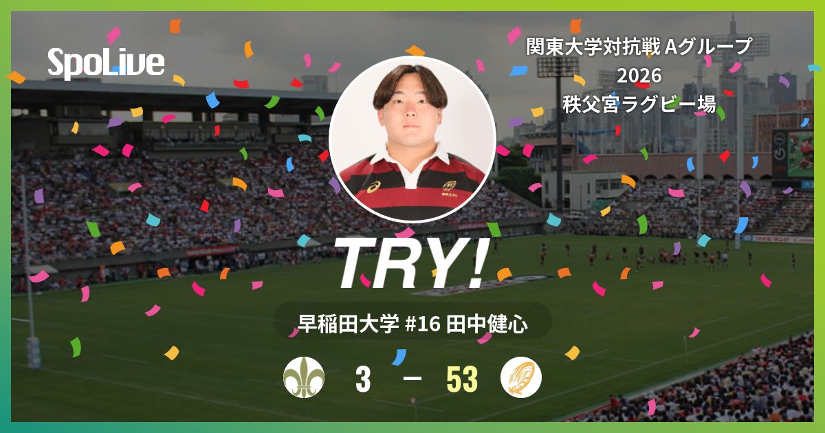 waseda_rugby's tweet photo. 【練習試合 早稲田大学 vs 立教大学】
後半 35分 (立 3 - 53 早) 早稲田大学の田中健心選手のトライです！

#早稲田ラグビー
#RISEOVER

 #SpoLive https://t.co/fHyF3TvIO1