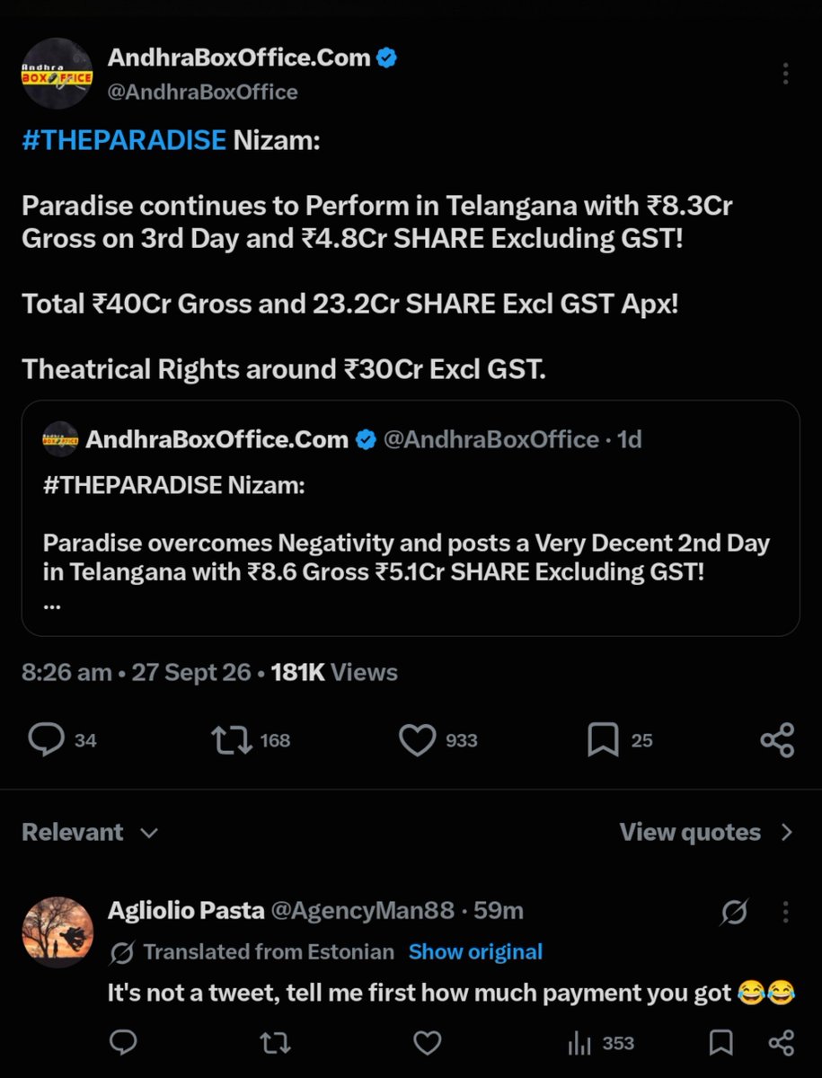 AkkineniCults's tweet photo. Nizam Business 35CR nundi 30CR ki ochindi😂

Premieres ke walkouts
Day1 less than 40%occupancies
Day2 PR Game started, Mass Blockings, Insta Sympathy Campaign
Day3 Deficits in Andhra, Rayalaseema
Day4 Business Revise Avvadam

#TheParadise

Before Payment             After Payment https://t.co/mbsaWp3lDx