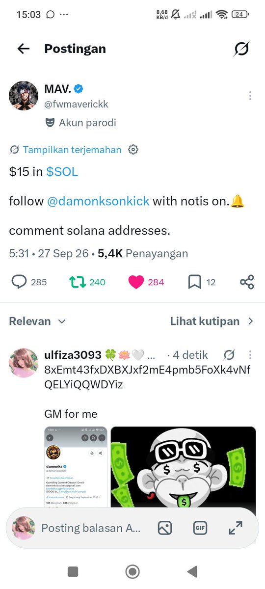 mantulfah's tweet photo. @csaecia Done ka cia
I hope RN my turn to be winner

Mysol:  8xEmt43fxDXBXJxf2mE4pmb5FoXk4vNfQELYiQQWDYiz https://t.co/SNBDzPtFoD