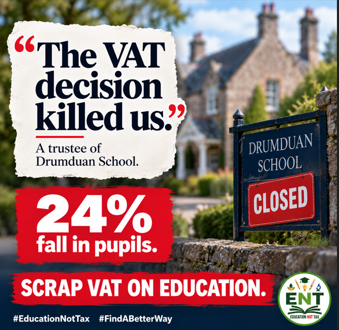 EducationNotTax's tweet photo. It doesn't take a genius to work out that if you make something significantly more expensive, demand will fall.
That is what is happening in independent schools across the country.
At Drumduan School (now closed), the impact of VAT, the school says, led to an immediate 24% fall in its pupil roll.
Now look at our data on mainstream independent schools still open:
401 have lost 15%+ of their pupils
269 have lost 20%+
120 have lost 30%+
Add tax, pupils leave — or don't join in the first place. Income falls. Schools become unviable. They close.

There are more closures to come.

Stop the damage. Scrap VAT on education. 
Tick tock @LucyMPowell 
@LauraTrottMP
#EducationNotTax #FindABetterWay