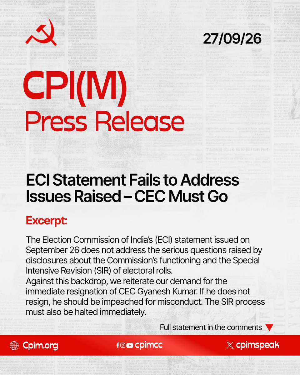 cpimspeak's tweet photo. CPI(M) Polit Bureau Statement: ECI Statement Fails to Address Issues Raised - CEC Must Go https://t.co/FpYP6r8Azg