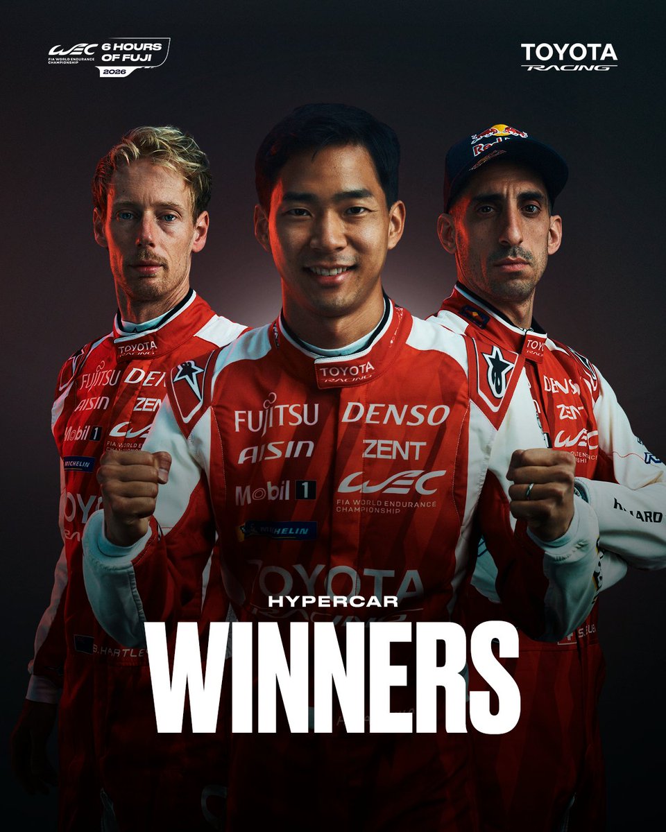 FIAWEC's tweet photo. The winning trio in Japan 💪🏅

@ToyotaRacingWEC #8 claim victory on home soil!

#WEC #6HFuji #Toyota https://t.co/vi1asLl5c1