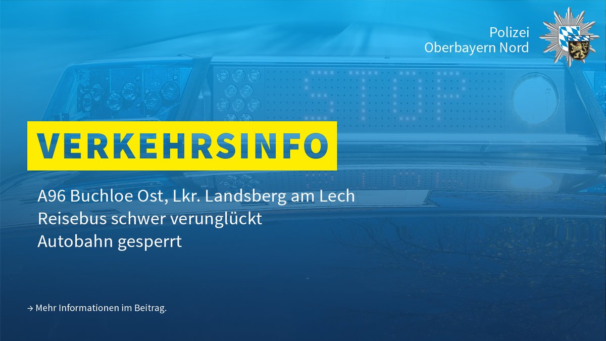 polizeiOBN's tweet photo. Heute Morgen verunglückte ein #Reisebus auf der #A96 bei #Buchloe Ost. Nach derzeitigem Stand wurden zwei Personen tödlich verletzt, es gibt mehrere Schwerverletzte. Die Autobahn ist derzeit in beide Richtungen voll gesperrt! 

Weitere Informationen unter: https://t.co/HcTfs2JY7o https://t.co/47jD2MeS2f