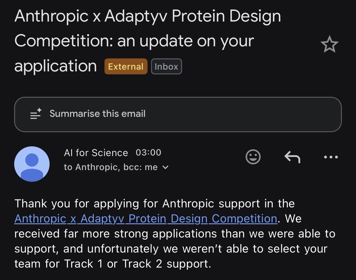 labordabio's tweet photo. Got rejected from Track 2 of the Anthropic x Adaptyv protein design competition.

I wonder how many independent researchers got in.

Anyways, bootstrapped it is then!

Makes for a good challenge: how to get designs into wet-lab testing without going bankrupt. 💰 https://t.co/P5notwtvIt