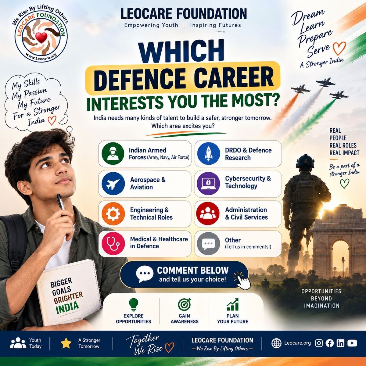 Leocare_NGO's tweet photo. YOUR comment MATTER! 🇮🇳
What would you like to know about Career Opportunities in the Defence Sector?
Comment below
#LeocareFoundation #DefenceCareers #CareerGuidance #StudentEmpowerment #ScienceServiceandStudents #YouthEmpowerment #CareerOpportunities #AskUs #FutureLeaders https://t.co/o9CMWBn0T0