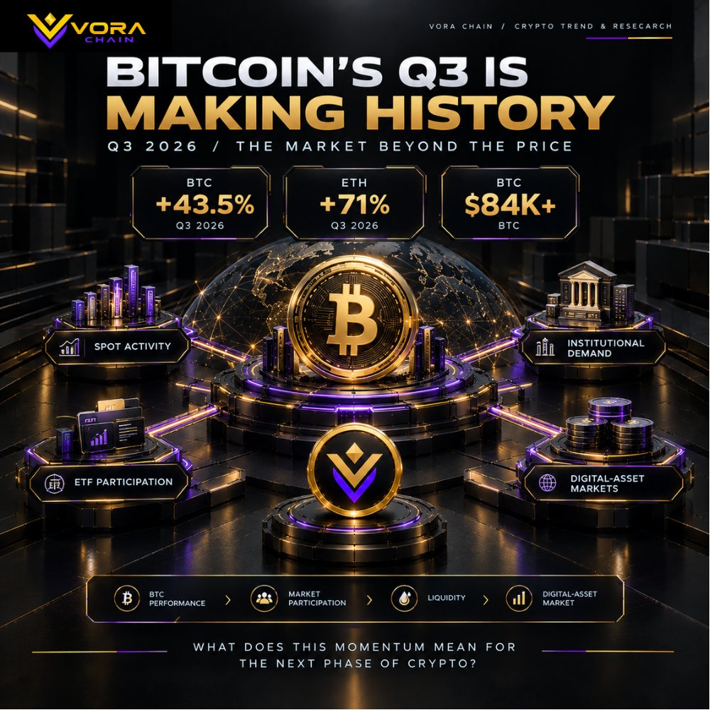 VORAChainHQ's tweet photo. BITCOIN'S Q3 IS MAKING HISTORY.

Bitcoin has gained approximately 43.5% in Q3 2026, climbing from around $58.5K to above $84K.

Ethereum has gained roughly 71% over the same quarter.

Behind the numbers:

→ Stronger spot activity
→ Institutional demand
→ ETF participation
→ Expanding digital-asset markets
Q3 is almost over.
What does this momentum mean for the next phase of crypto?