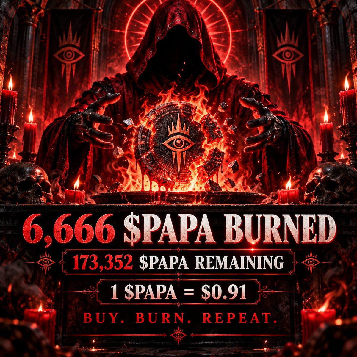 Papa666cult's tweet photo. 🔥 6,666 $PAPA BURNED.

The biggest flames are back. 🕯

Another 6,666 $PAPA have been bought back directly from the market and burned forever.

🔥 6,666 tokens — GONE.
📉 Supply — REDUCED.
🩸 $PAPA — SCARCER.

Every buyback removes more $PAPA from circulation.

Every burn continues the ritual.

🔥 Transaction burning 6.666 coins https://t.co/V97UbgQedk

🔺 Total remaining in the market 173,352 $PAPA

BUY. BURN. REPEAT.

🕯 THE CULT NEVER STOPS.
👁 $PAPA IS WATCHING.

📈 1 $PAPA = 0.91$

📈 Buy the token $PAPA - https://t.co/hSazYFWqDL

https://t.co/6PKZcWhGgF