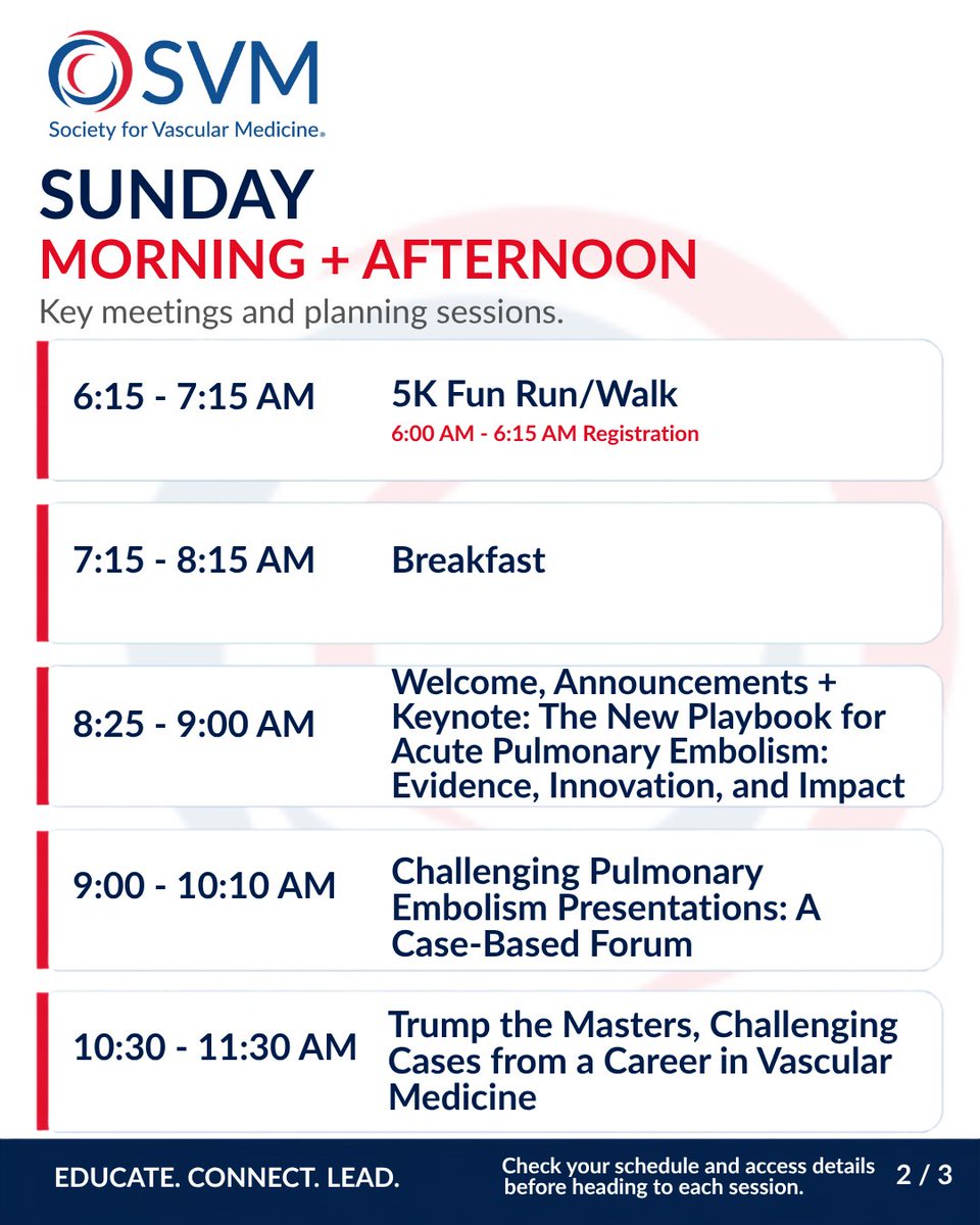 SVM_tweets's tweet photo. One more day. Let’s finish #VSS2026 strong!
Start Sunday with the 5K Fun Run/Walk, then join us for keynotes, case-based discussions, expert insights, and one final morning together in Atlanta.
See today’s agenda:
https://t.co/eiy5HO7HPf
#SVM #VascularMedicine
@EstherSHKimMD @adityasharmamd @DKadiandodov @JoshuaBeckmanMD @heatherlgornik @DrLouMDPhD @RKolluriMD @GBarnesMD @EricSecemskyMD @stanhenkin @evratchford