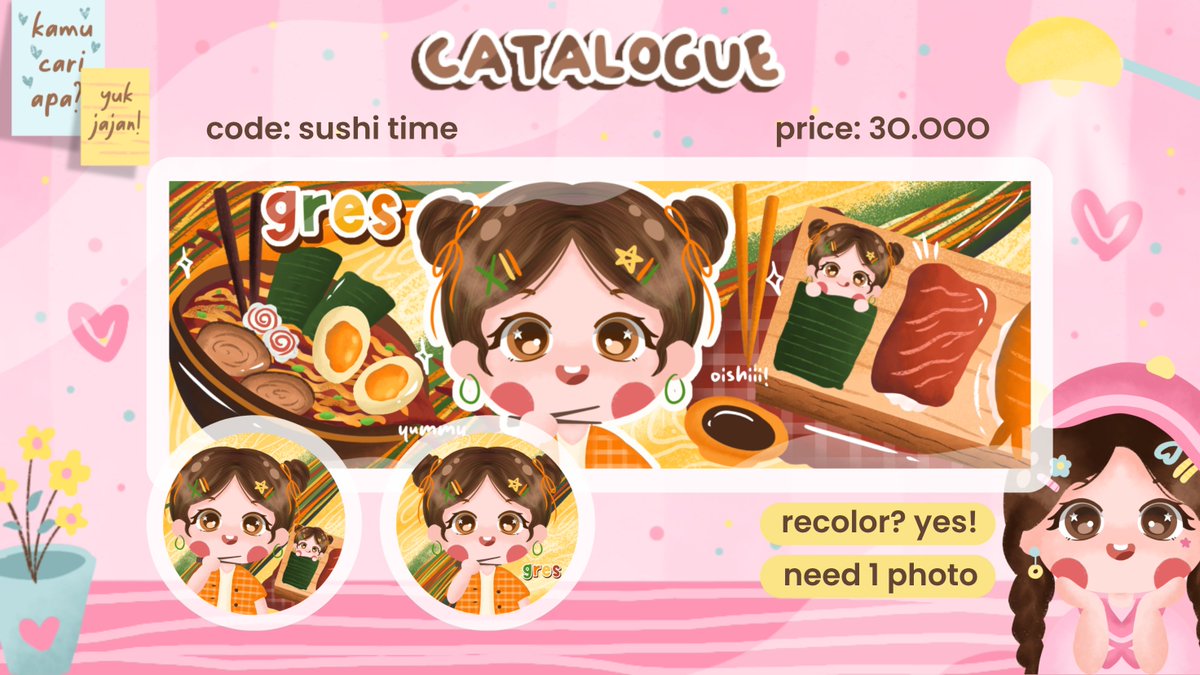 GrresShop's tweet photo. help ospek dan rt?

#OspekTime !

Hai haiii! Aku kembali dengan membawa anak baru buat layout chibi aku niih dengan code "Sushi Time" cocok bgt buat klian yg suka mam sushi dan ramen!!🍣🍜

untuk 3 layout yg dengan code di alt ufs yah dengan harga spesial 28K ajah!

#bealanja https://t.co/ztRmCweIaY