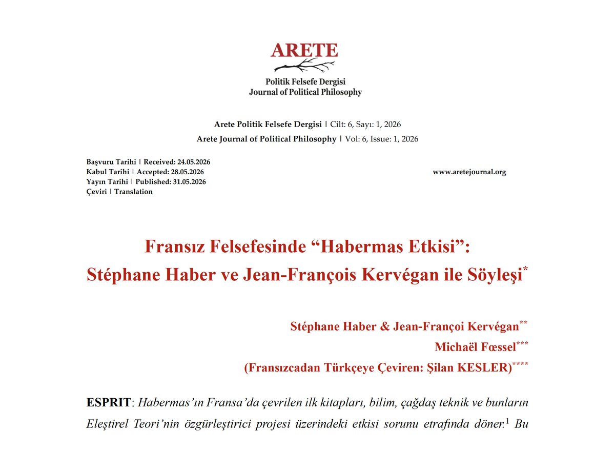 aretejournal's tweet photo. Michaël Fœssel, Stéphane Haber &amp; Jean-Françoi Kervégan, “Fransız Felsefesinde “Habermas Etkisi”: Stéphane Haber ve Jean-François Kervégan ile Söyleşi”, (Fransızcadan Türkçeye Çeviren: Şilan KESLER) (Cilt/Vol. 6, Sayı/Issue 1)

  https://t.co/TgYED6gSTd https://t.co/YmfhMdIgRQ