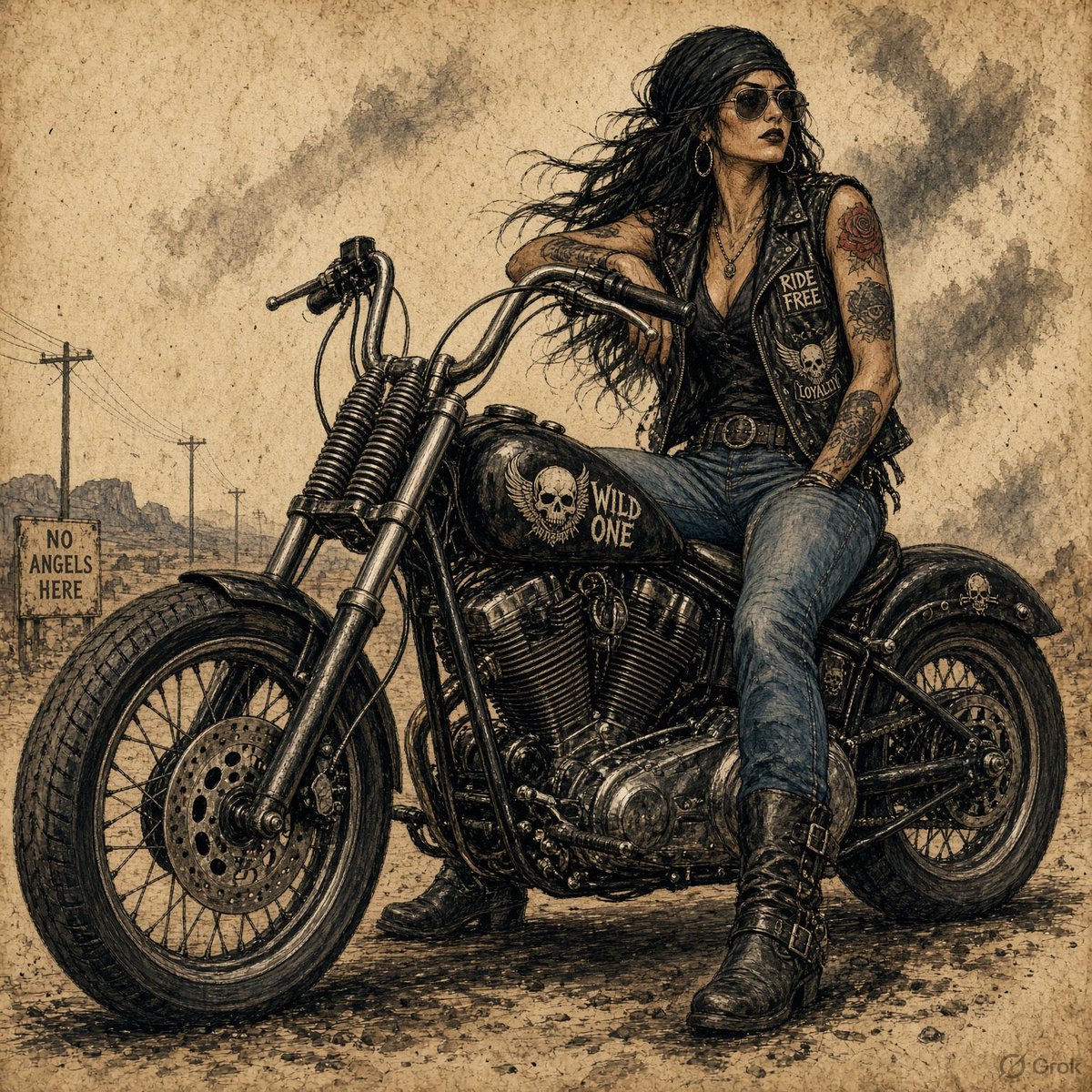 Aussiescribbler's tweet photo. Chopper Chick in the style of David Mann (1940-2004) #motorcyclists #artists #Grok https://t.co/STiDUT3FIH
