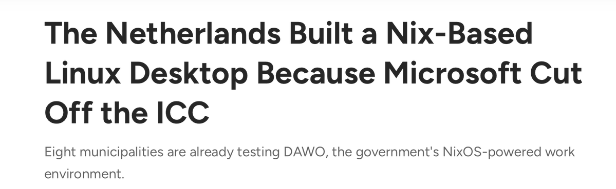 frectonz's tweet photo. The Netherlands is gonna run NixOS on all their government computers. https://t.co/y5TCwE7B8a