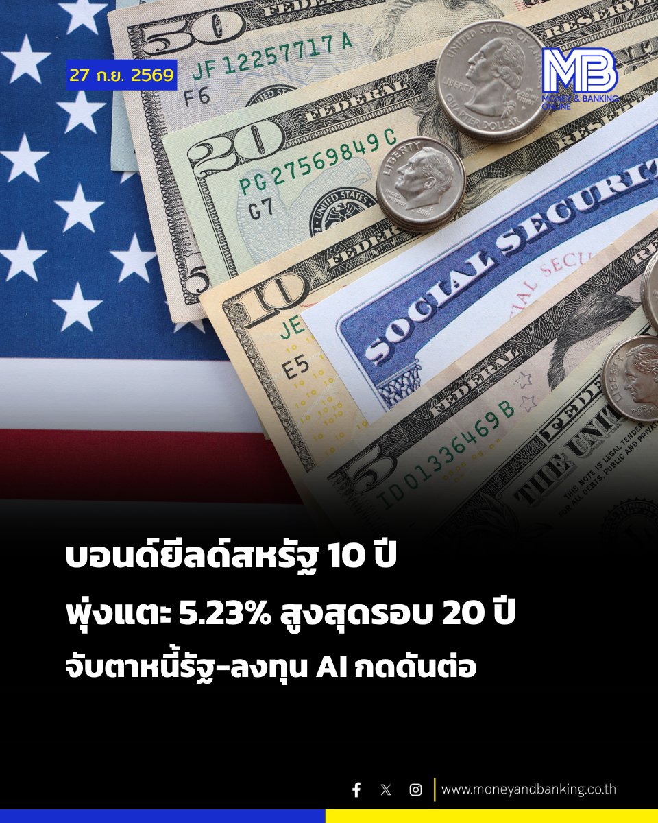 moneynbanking's tweet photo. บอนด์ยีลด์สหรัฐ 10 ปี พุ่งแตะ 5.23% สูงสุดรอบ 20 ปี จับตาหนี้รัฐ-ลงทุน AI กดดันต่อ นักวิเคราะห์ชี้การออกพันธบัตรจำนวนมากของรัฐบาลและบริษัทเทคโนโลยี อาจทำให้ปรับขึ้นต่อถึงปีหน้า https://t.co/9v8jaJ4kdX