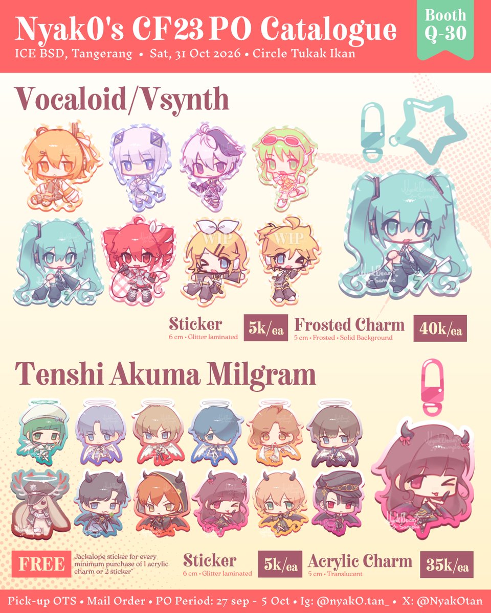 Nyak0tan's tweet photo. [🔁+♥️ highly appreciated!]

#CF23 PO is finally open! >_<

📅: 27 Sep-5 Oct 2026
📍: Q-30AB
📦: Pickup &amp; Mail
🎀: Milgram, Vocaloid/Utau, Wonder Egg Priority AOD, Pink B Club, Lain, Saya no Uta, Umamusume, Madoka, NSO, PASWG, TBHK, Bocchi

🔗 Below ⬇️

#cf23catalogue #comifuro23 https://t.co/kHAjQ8vFr2