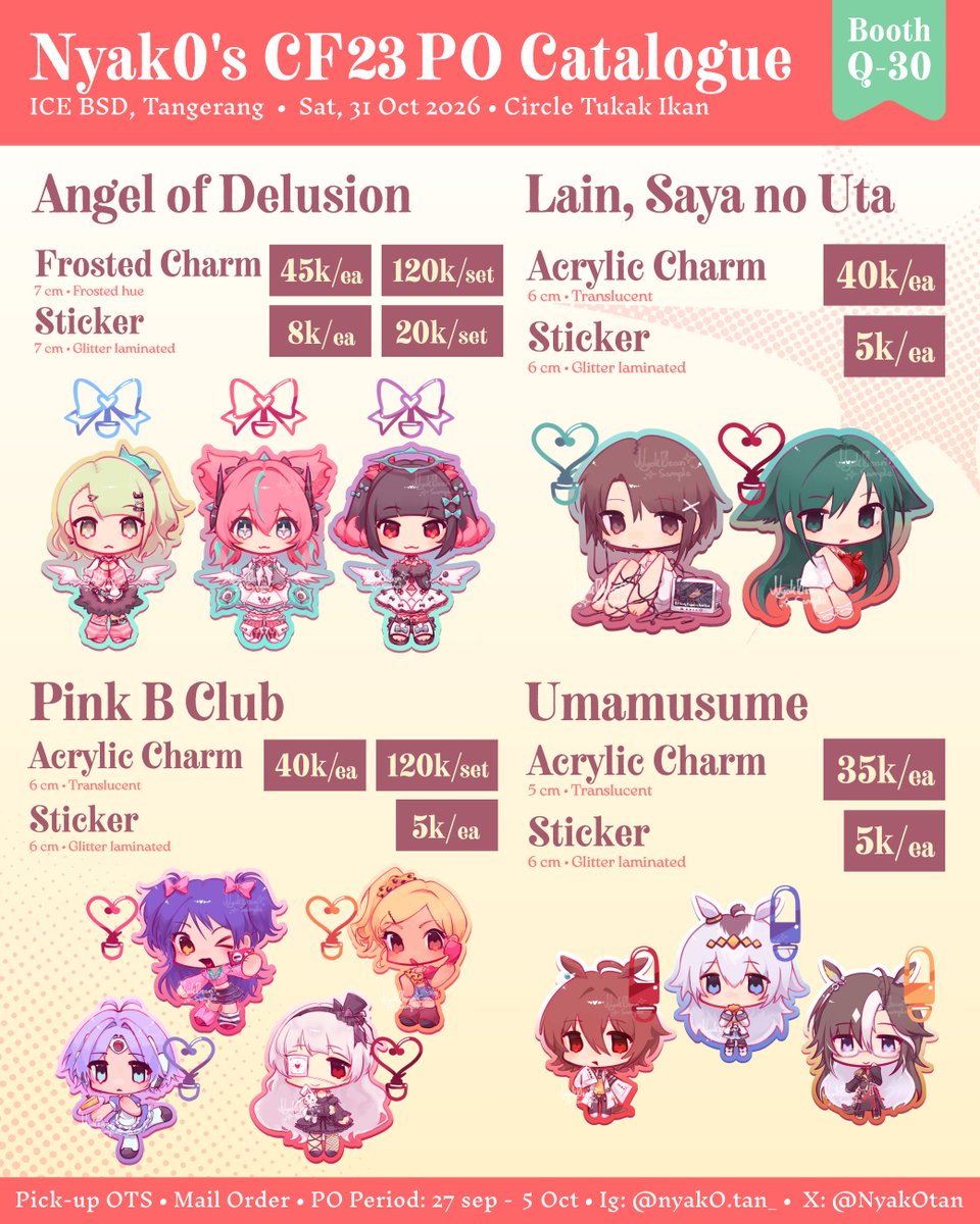 Nyak0tan's tweet photo. [🔁+♥️ highly appreciated!]

#CF23 PO is finally open! >_<

📅: 27 Sep-5 Oct 2026
📍: Q-30AB
📦: Pickup &amp; Mail
🎀: Milgram, Vocaloid/Utau, Wonder Egg Priority AOD, Pink B Club, Lain, Saya no Uta, Umamusume, Madoka, NSO, PASWG, TBHK, Bocchi

🔗 Below ⬇️

#cf23catalogue #comifuro23 https://t.co/kHAjQ8vFr2