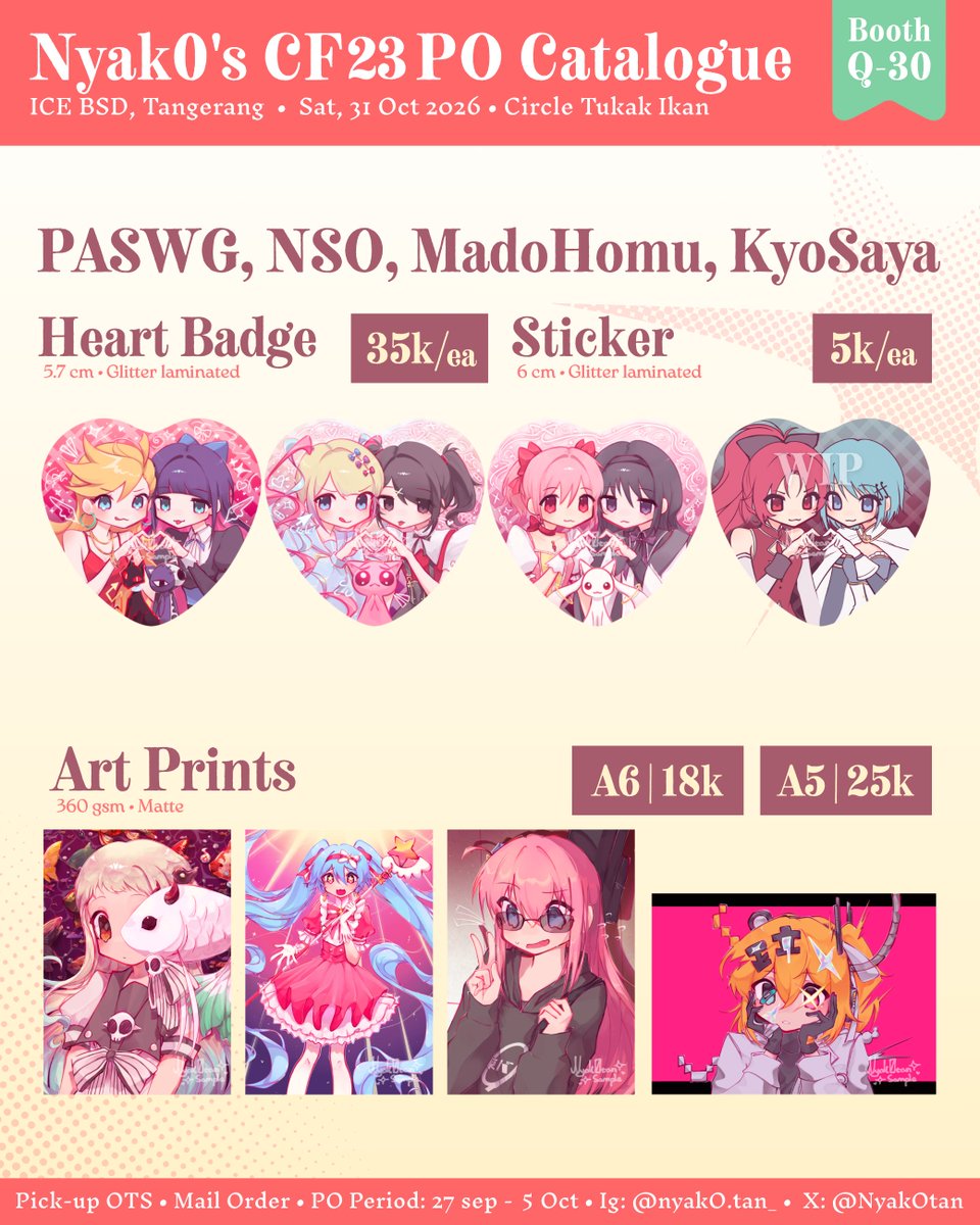 Nyak0tan's tweet photo. [🔁+♥️ highly appreciated!]

#CF23 PO is finally open! >_<

📅: 27 Sep-5 Oct 2026
📍: Q-30AB
📦: Pickup &amp; Mail
🎀: Milgram, Vocaloid/Utau, Wonder Egg Priority AOD, Pink B Club, Lain, Saya no Uta, Umamusume, Madoka, NSO, PASWG, TBHK, Bocchi

🔗 Below ⬇️

#cf23catalogue #comifuro23 https://t.co/kHAjQ8vFr2