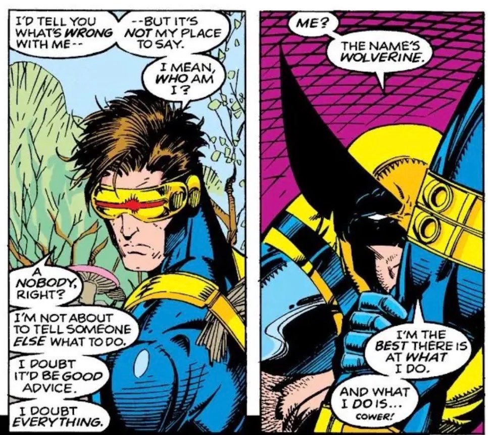 no1arcadefan's tweet photo. wolverine hiding behind scott’s thigh😭😭 https://t.co/LvVrDaugPY
