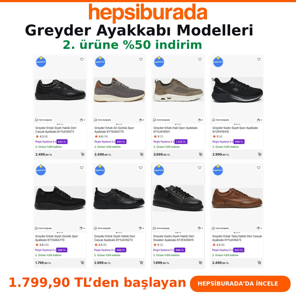 Guldehann_'s tweet photo. İndirim Yakaladımmm
Mağazasında 2500₺'ye satılan Greyder Ayakkabılar --> 1799₺'ye düşüyor ek olarak. 2. ürün %50 indirimli.

Linke tıklayarak inceleyebilirsiniz. Stoklar sınırlı arkadaşlar