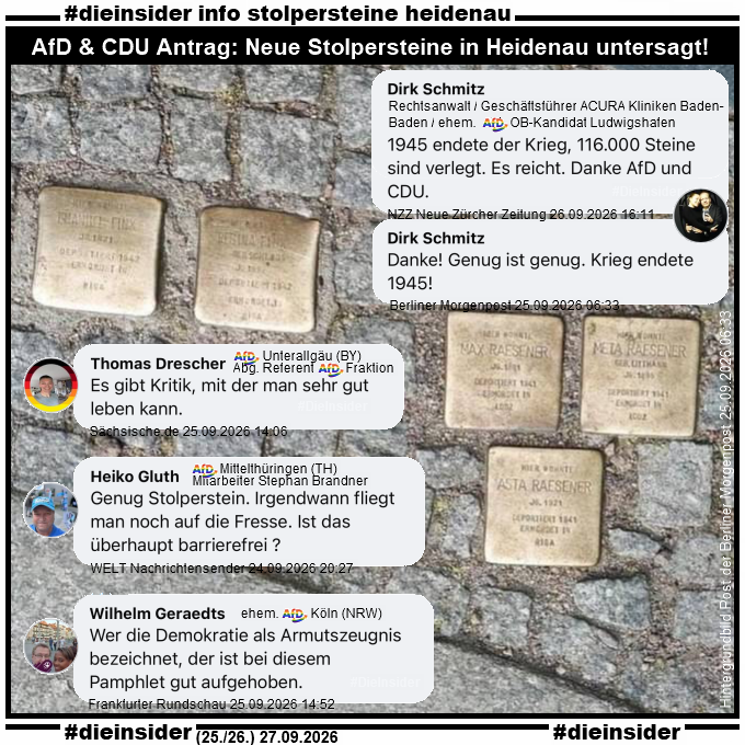 Die_Insider's tweet photo. Nach einem #AfD &amp; #CDU Antrag soll es keine neuen #Stolpersteine in #Heidenau geben! Hier einige #AfD-(nahe) Stimmen dazu! #KeinVergessen

#LautGegenNazis #NiemalsAfD #AfDVerbot
#Antifaschismus #GemeinsamGegenHass #DieInsider📎

Alle Links bei uns auf Facebook/dieinsider. https://t.co/bjVr3lvgIc