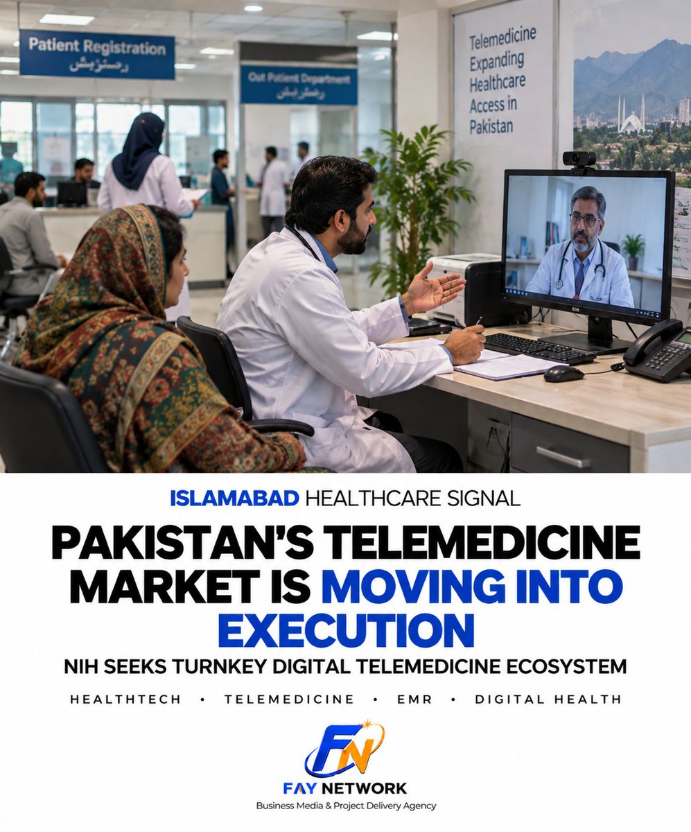 faynetworkpk's tweet photo. NIH’s new digital telemedicine procurement signals Pakistan’s shift toward EMR, e-prescriptions, teleconsultation &amp; integrated HealthTech infrastructure.

#HealthTech #Telemedicine #FayNetwork https://t.co/645vGk0c4Q